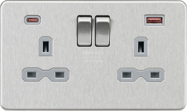 13A 2G DP Switched Socket with Dual USB A+C - Brushed Chrome