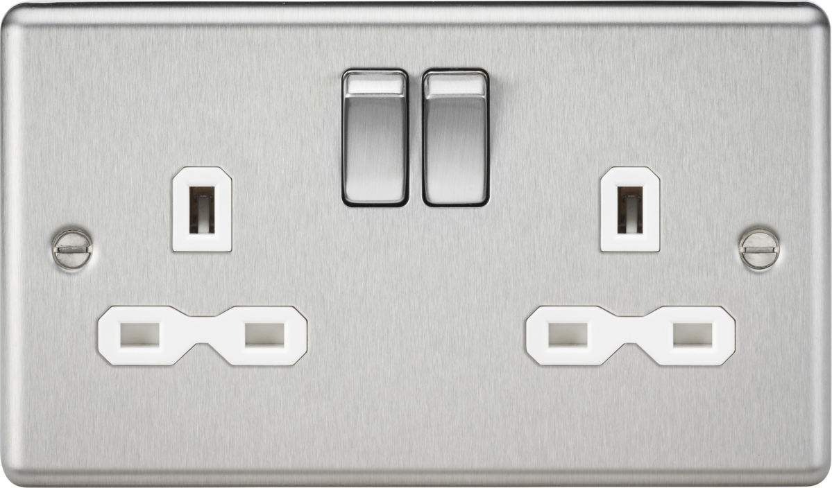13A 2G DP Switched Socket with Twin Earths - Brushed Chrome with White Insert