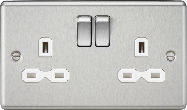 13A 2G DP Switched Socket with Twin Earths - Brushed Chrome with White Insert