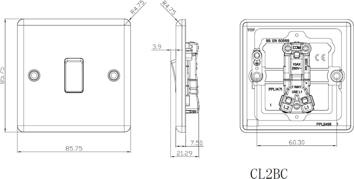 10AX 1G 2-way Switch - Matt Black side view