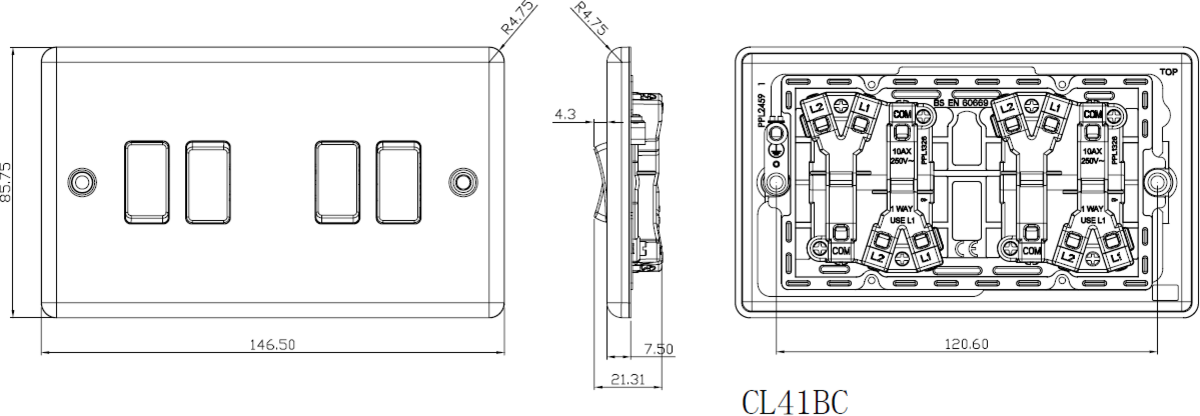 Matt Black 10AX 4G 2-Way Switch, Rounded Edge