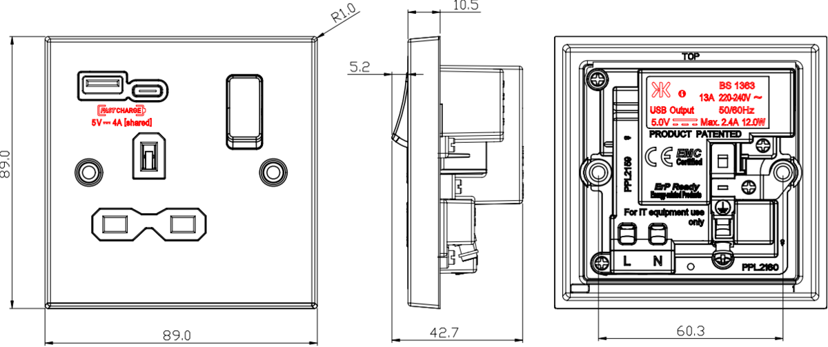 Antique Brass 13A Switched Socket with Dual USB A+C