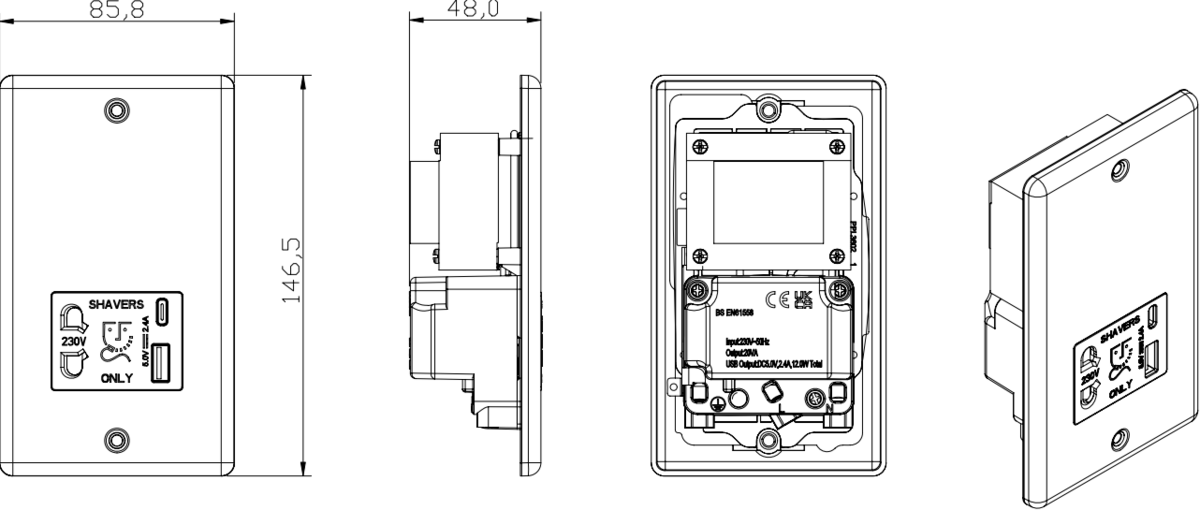 Side view of 230V Shaver Socket with Dual USB A+C - Matt Black