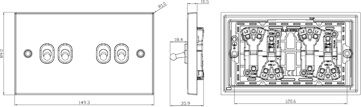 10AX 4G 2-way Toggle Switch - Antique Brass, Close-up View