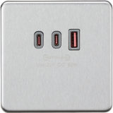 230V Triple USB Charger Plate - Brushed Chrome with Grey Insert