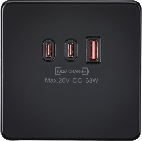 230V Triple USB Charger Plate 2xUSB-C 1xUSB-A - Matt Black