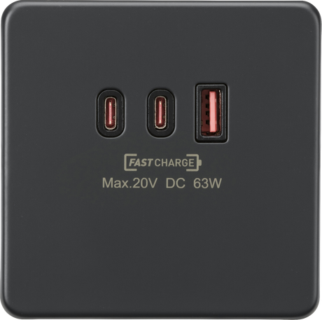 230V Triple USB Charger Plate 2xUSB-C 1xUSB-A - Anthracite