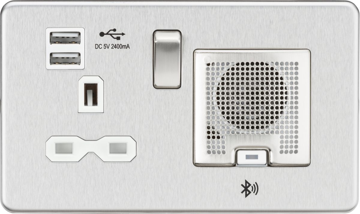 13A Socket Bluetooth Speaker and Dual USB A+A - Brushed Chrome with White Insert