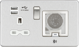 13A Socket Bluetooth Speaker and Dual USB A+A - Brushed Chrome with White Insert