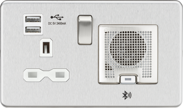 13A Socket Bluetooth Speaker and Dual USB A+A - Brushed Chrome with White Insert