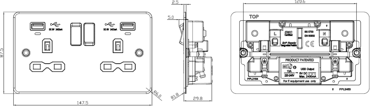 13A 2G Switched Socket, Dual USB Charger - Alternative View