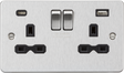 13A 2G SP Switched Socket with Dual USB A+C - Brushed Chrome with Black Insert