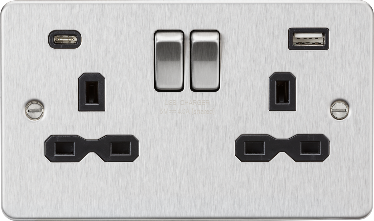 13A 2G SP Switched Socket with Dual USB A+C - Brushed Chrome with Black Insert