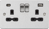 13A 2G SP Switched Socket with Dual USB A+C - Brushed Chrome with Black Insert