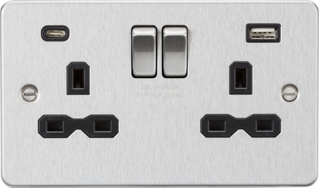13A 2G SP Switched Socket with Dual USB A+C - Brushed Chrome with Black Insert