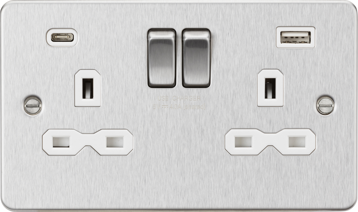 13A 2G SP Switched Socket with Dual USB A+C - Brushed Chrome with White Insert