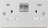 13A 2G SP Switched Socket with Dual USB A+C - Brushed Chrome with White Insert