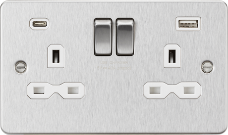 13A 2G SP Switched Socket with Dual USB A+C - Brushed Chrome with White Insert