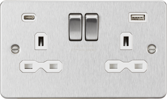 13A 2G SP Switched Socket with Dual USB A+C - Brushed Chrome with White Insert