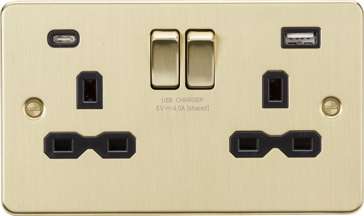 Brushed Brass 13A 2G SP Switched Socket with Dual USB A+C