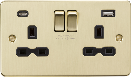 Brushed Brass 13A 2G SP Switched Socket with Dual USB A+C