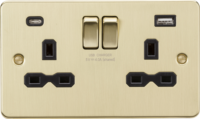 Brushed Brass 13A 2G SP Switched Socket with Dual USB A+C