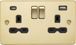13A 2G SP Switched Socket with Dual USB A+C in Polished Brass with Black Insert