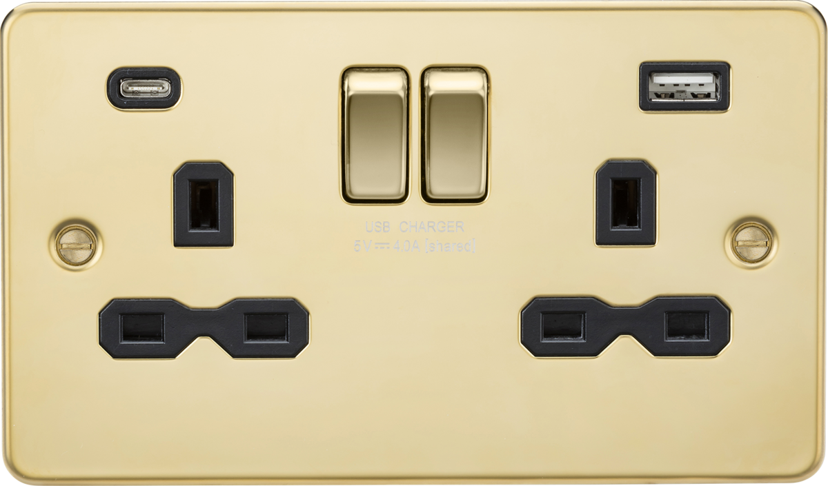 13A 2G SP Switched Socket with Dual USB A+C in Polished Brass with Black Insert