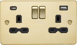 13A 2G SP Switched Socket with Dual USB A+C in Polished Brass with Black Insert