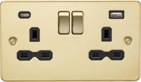 13A 2G SP Switched Socket with Dual USB A+C in Polished Brass with Black Insert