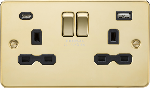 13A 2G SP Switched Socket with Dual USB A+C in Polished Brass with Black Insert