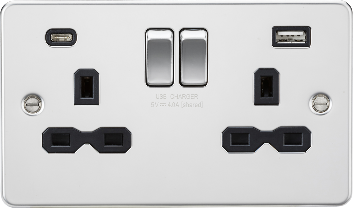 13A 2G SP Switched Socket with Dual USB A+C - Polished Chrome