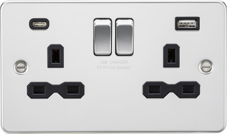 13A 2G SP Switched Socket with Dual USB A+C - Polished Chrome
