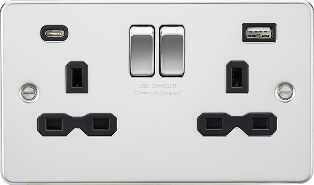 13A 2G SP Switched Socket with Dual USB A+C - Polished Chrome