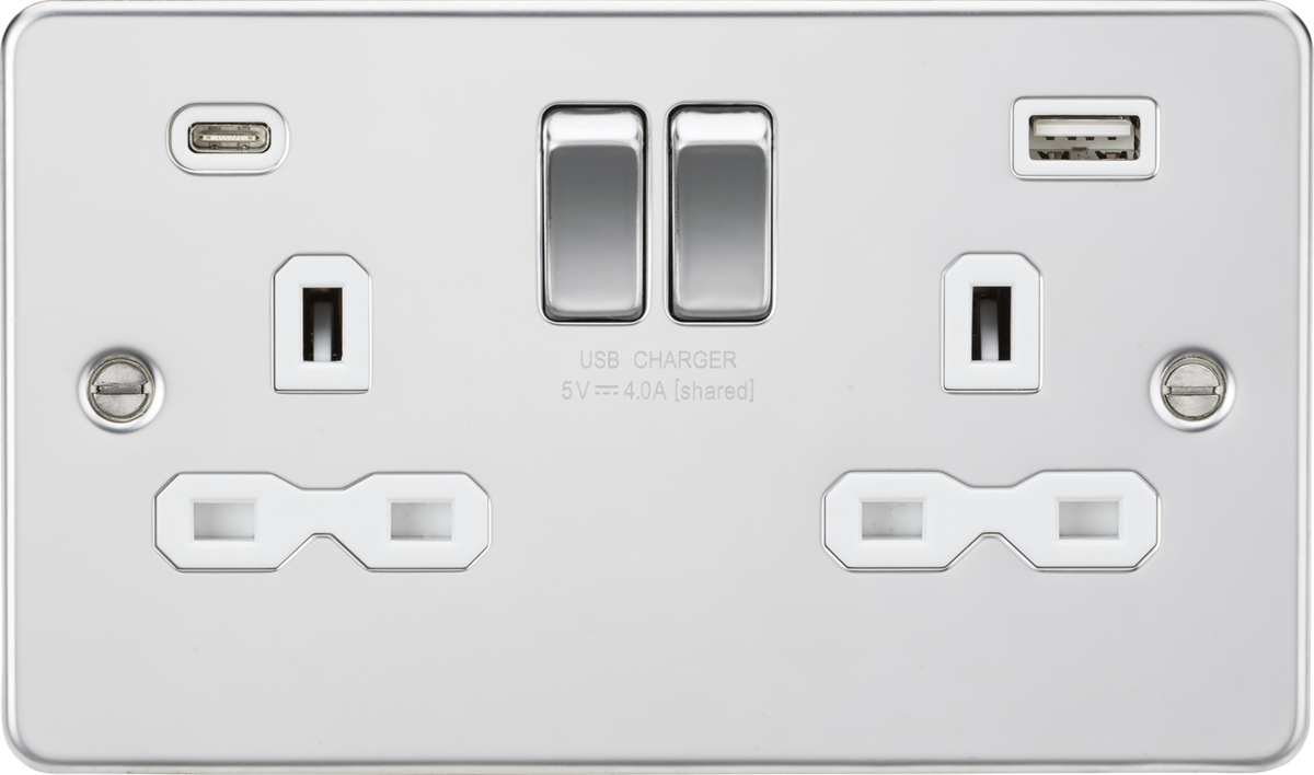 13A 2G SP Switched Socket with Dual USB A+C - Polished Chrome
