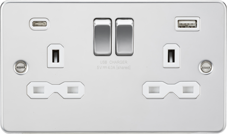 13A 2G SP Switched Socket with Dual USB A+C - Polished Chrome
