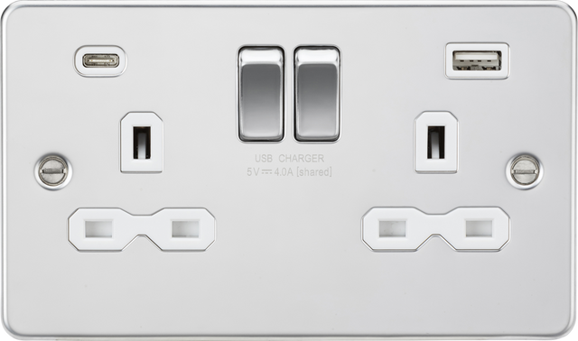 13A 2G SP Switched Socket with Dual USB A+C - Polished Chrome