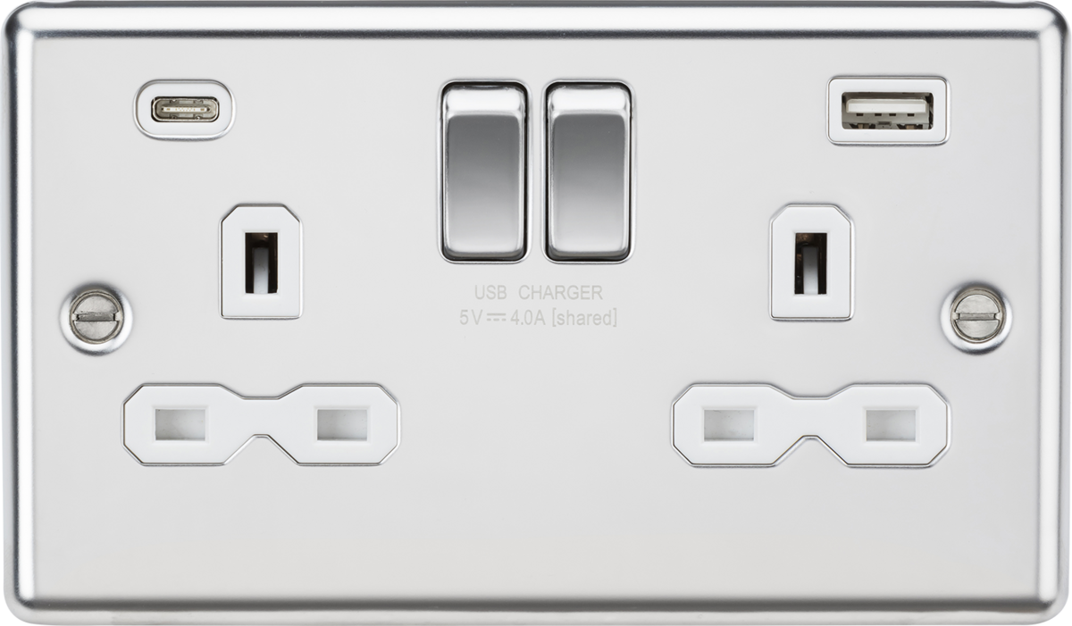 13A 2G SP Switched Socket with Dual USB C+A 5V DC 4.0A - Polished Chrome