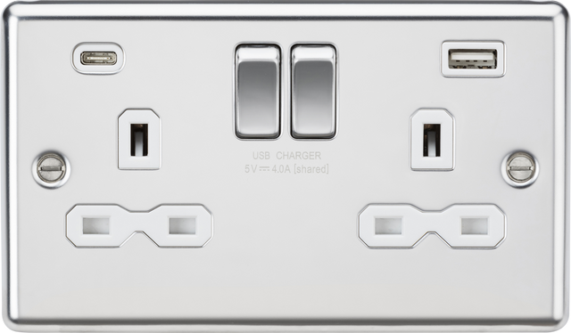 13A 2G SP Switched Socket with Dual USB C+A 5V DC 4.0A - Polished Chrome