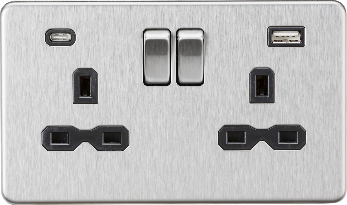 13A 2G SP Switched Socket with Dual USB A+C - Brushed Chrome