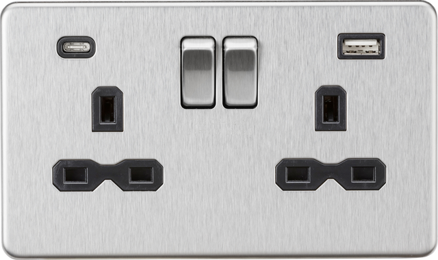13A 2G SP Switched Socket with Dual USB A+C - Brushed Chrome