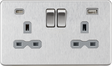 13A 2G SP Switched Socket with Dual USB A+C - Brushed Chrome with Grey Insert