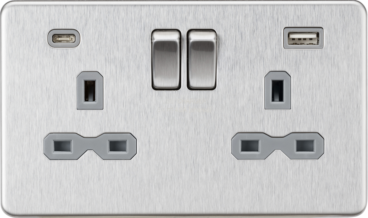 13A 2G SP Switched Socket with Dual USB A+C - Brushed Chrome with Grey Insert