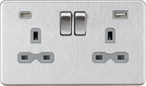 13A 2G SP Switched Socket with Dual USB A+C - Brushed Chrome with Grey Insert