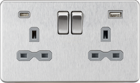 13A 2G SP Switched Socket with Dual USB A+C - Brushed Chrome with Grey Insert