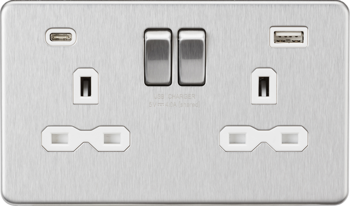 13A 2G SP Switched Socket with Dual USB A+C in Brushed Chrome with White Insert