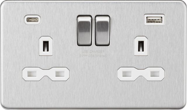 13A 2G SP Switched Socket with Dual USB A+C in Brushed Chrome with White Insert