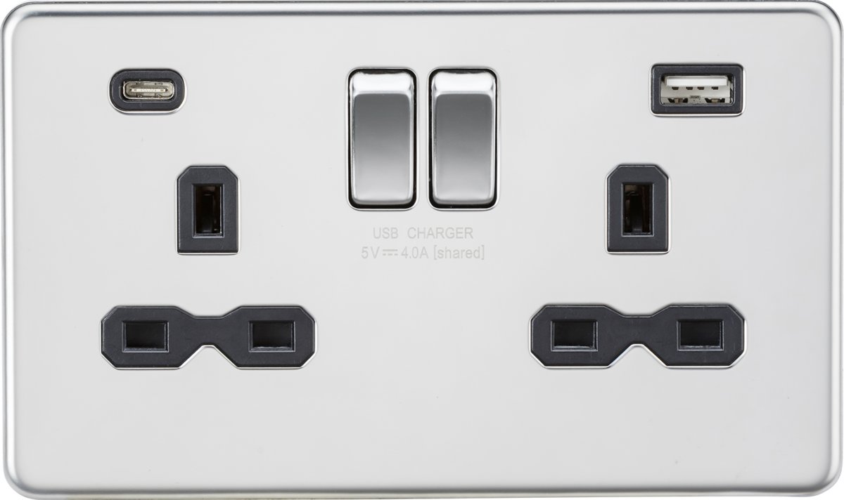 13A 2G SP Switched Socket with Dual USB A+C - Polished Chrome
