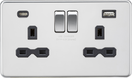 13A 2G SP Switched Socket with Dual USB A+C - Polished Chrome