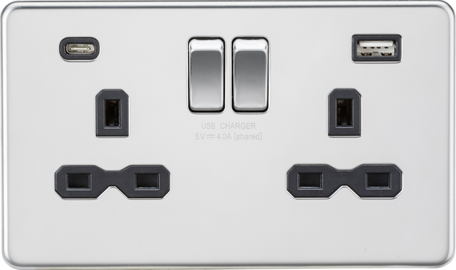 13A 2G SP Switched Socket with Dual USB A+C - Polished Chrome
